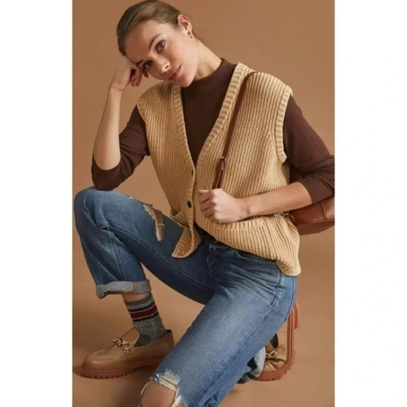 NWT Anthropologie DEMYLEE Dorothee Cotton Cozy Sweater Vest Knit Button Creme - Picture 5 of 9